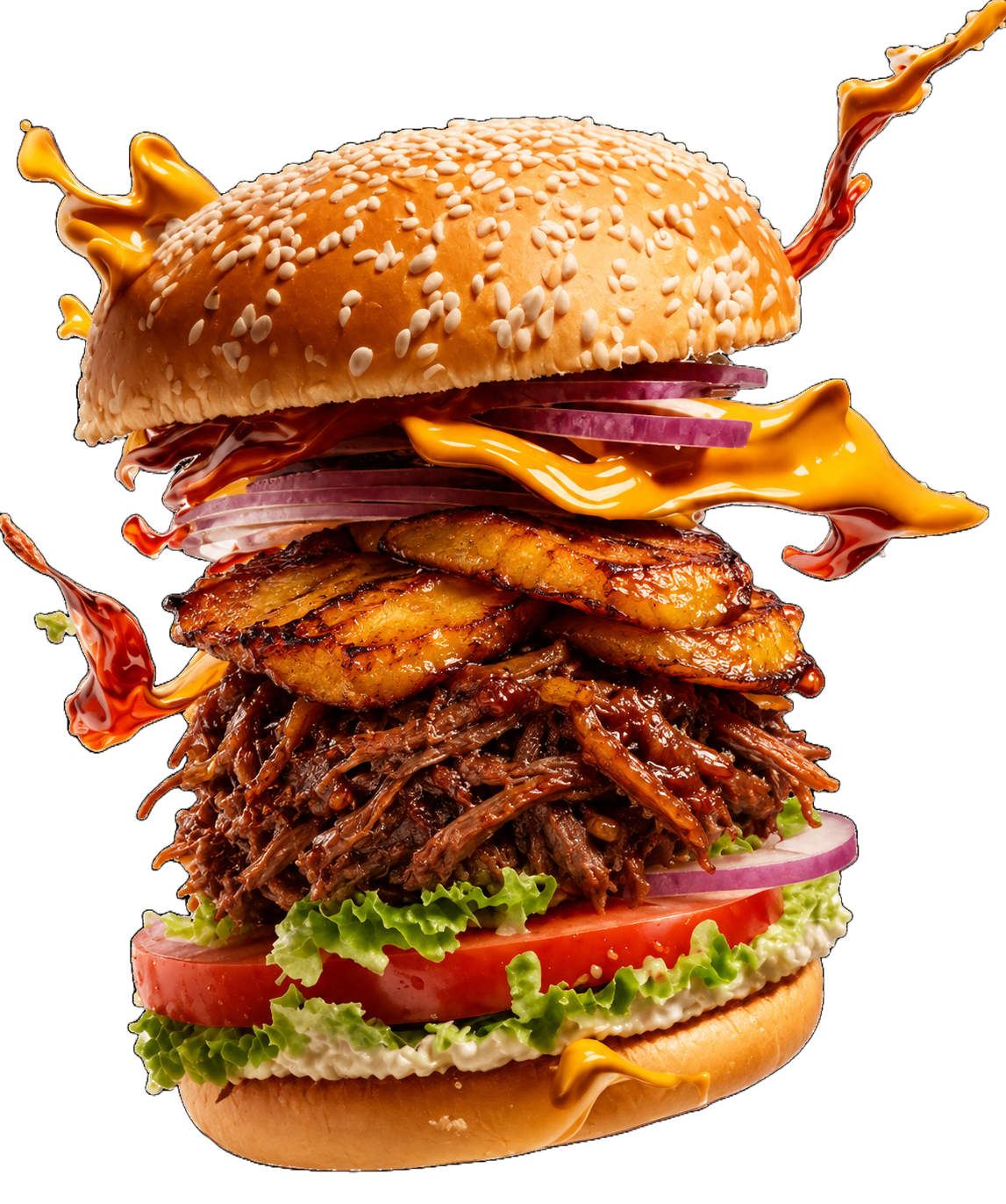BBQ Lord double flame-grilled cheeseburger with sesame bun, melting cheese, lettuce, tomato, pickles and red onion, mid-air with sauce splashes